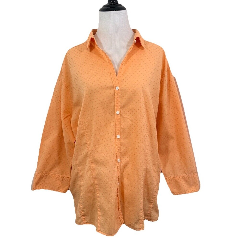 L. L. Bean women’s Shirt Blouse XXL Tangerine Button Up Swiss Dot 3/4 Sleeve